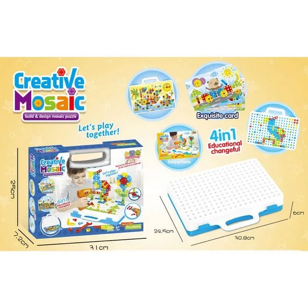 Продукт RTOYS - Детска мозайка с винтоверт, шаблони, куфарче и инструменти, 263 части - 0 - BG Hlapeta