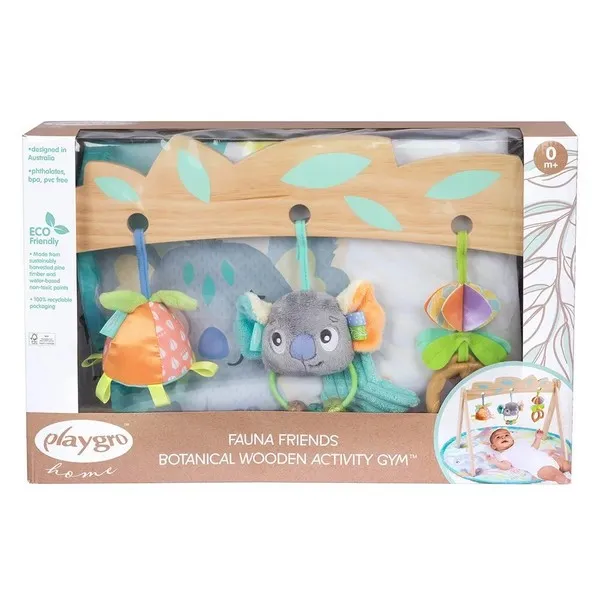 Продукт Playgro Fauna Friends - Активна гимнастика с дървена арка, с три свалящи се играчки и подплатено кръгло килимче, 0м+ - 0 - BG Hlapeta