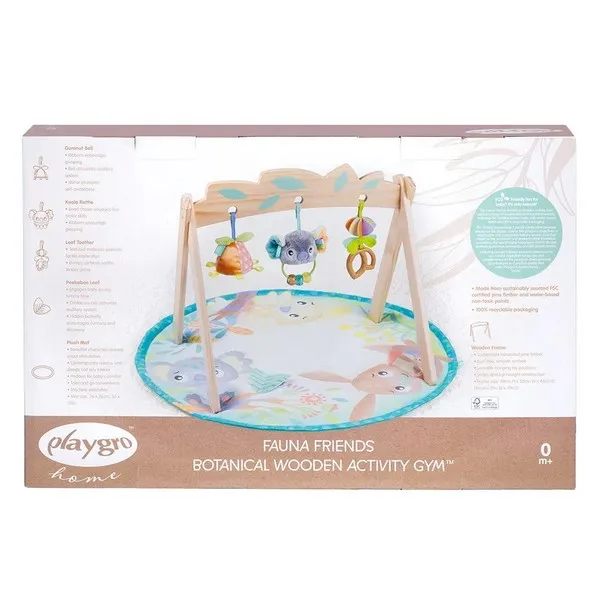 Продукт Playgro Fauna Friends - Активна гимнастика с дървена арка, с три свалящи се играчки и подплатено кръгло килимче, 0м+ - 0 - BG Hlapeta