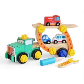 AcoolToy - Дървен камион, конструктор с пожарна, линейка и полицейска кола