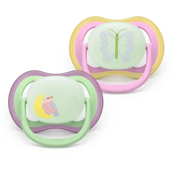 Продукт Philips AVENT Ultra Air NightTime - 2 броя светещи в тъмното, ортодонтски силиконови залъгалки, 6-18м, с картинки, в кутия за стерилизиране - 0 - BG Hlapeta